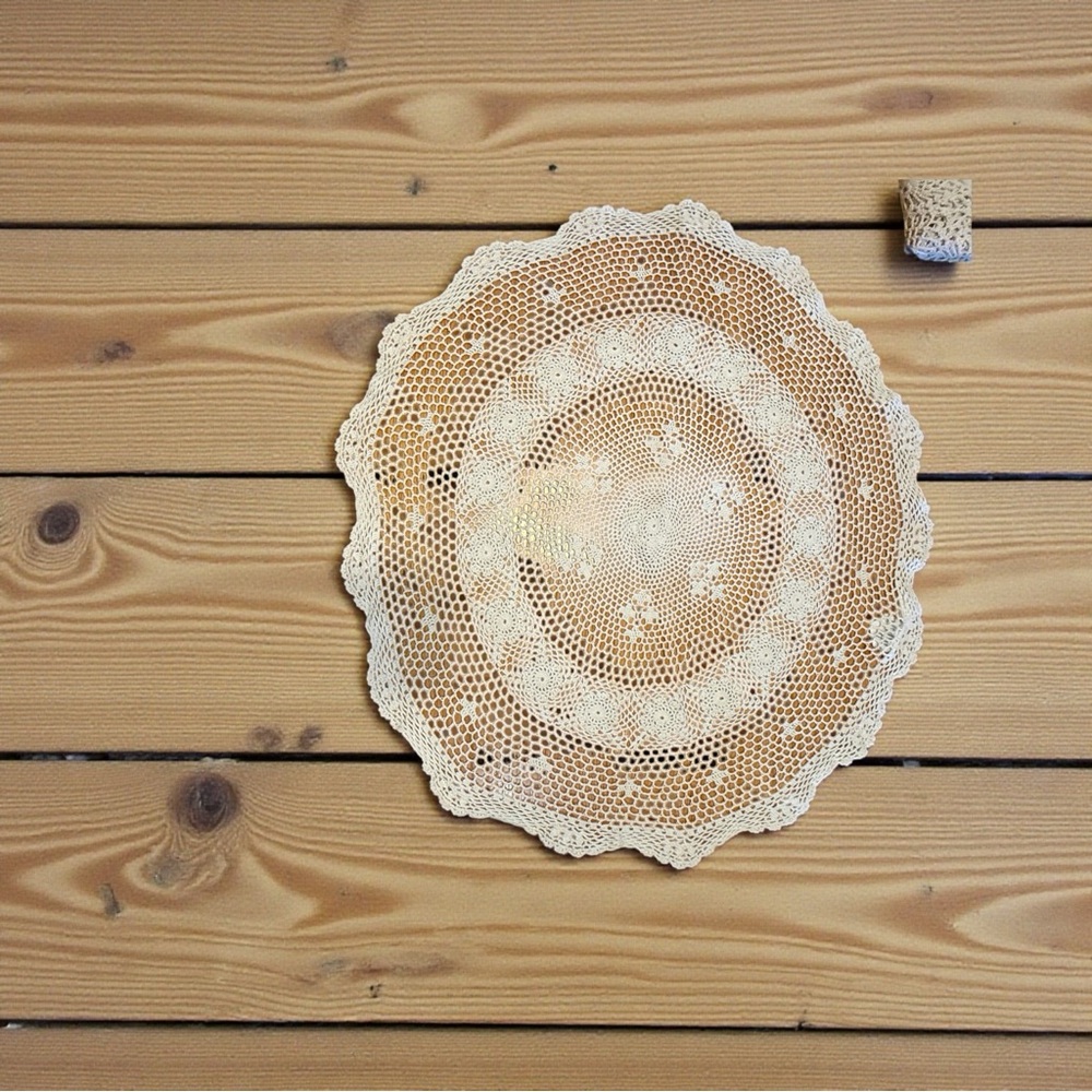Vintage Round Crochet Lace Doily Table Topper Ivory Floral Scalloped Edge 30”